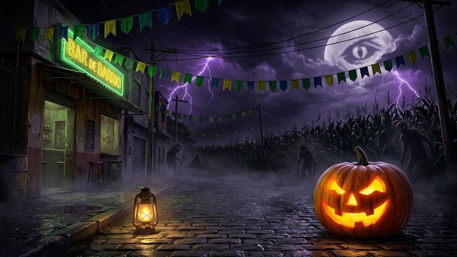 Ilustración de Halloween en un barrio de Brasil con calabaza y niebla para Asleep: Acto 1 gratis en Steam