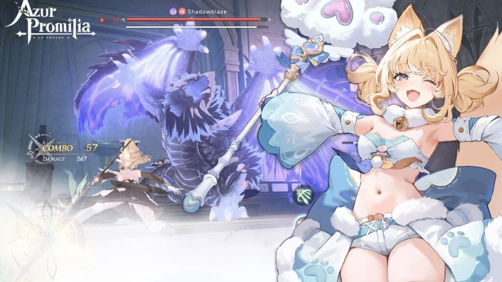 Gameplay de Azur Promilia: combate contra jefe con combo y personaje