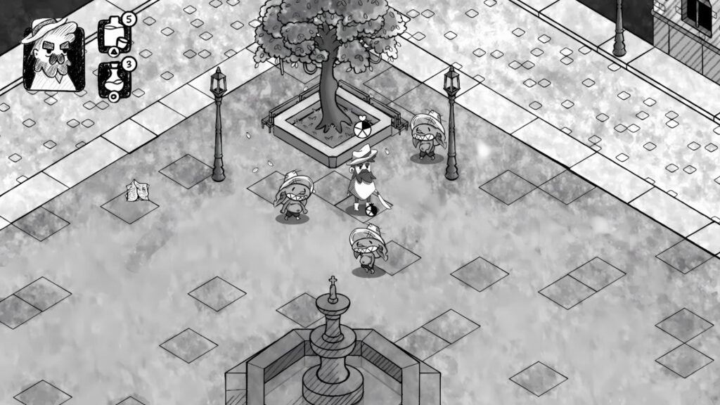 Demo gratis de Berracos Espantos en itch.io: Don Pedro rodeado de espantos en una plaza de pueblo