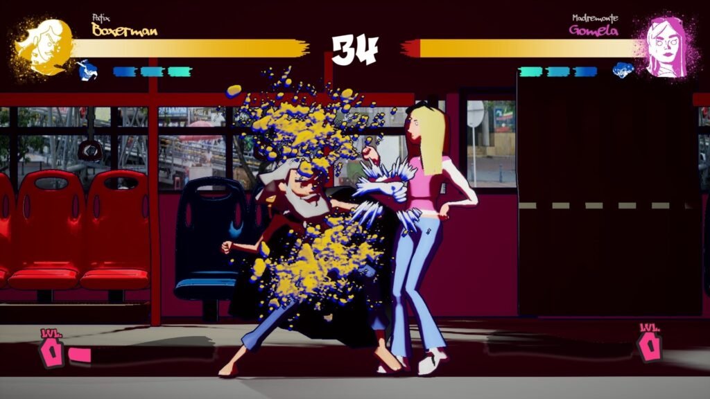 ¿Qué es Bogofighters? El juego de peleas colombiano ambientado en un TransMilenio que apunta a Steam y se mostró en SOFA 2026 2 Personajes de Bogofighters: Boxerman y la gomela peleando en un bus de TransMilenio