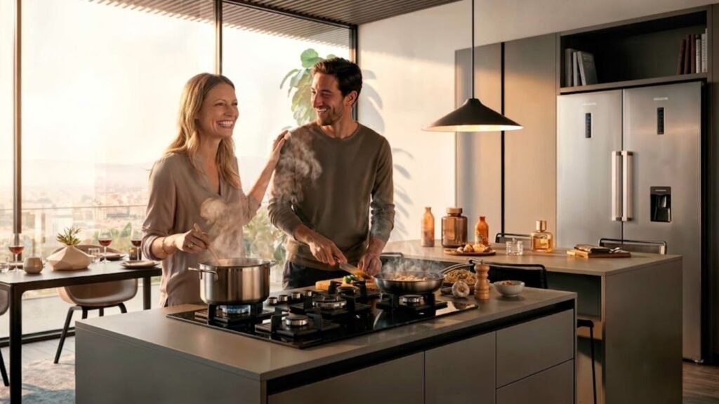 Cocina abierta con estufa y nevera Challenger: electrodomésticos para cocinar en familia
