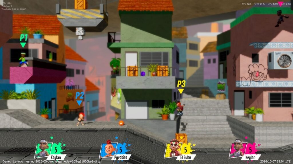 ¿Qué es Ponshot? El juego colombiano de ponchado callejero con parkour que se jugó en SOFA 2026 1 Cómo se juega Ponshot: cuatro jugadores esquivan y lanzan balones en una calle de casas con tejas