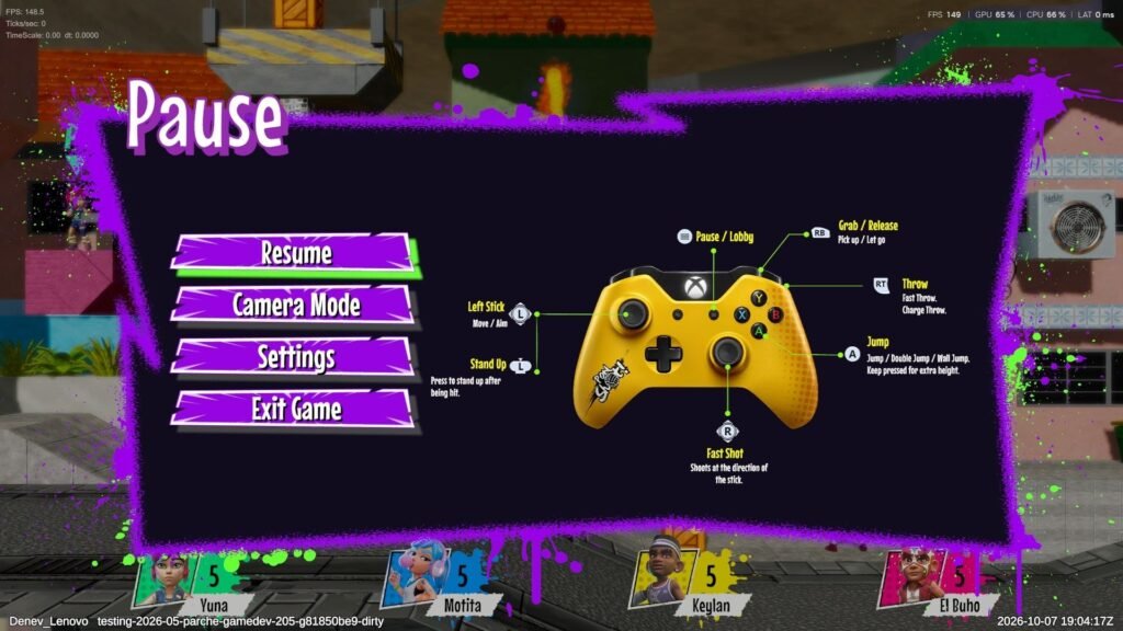 ¿Qué es Ponshot? El juego colombiano de ponchado callejero con parkour que se jugó en SOFA 2026 2 Controles de Ponshot con mando de Xbox: salto, doble salto, lanzamiento rápido y cargado