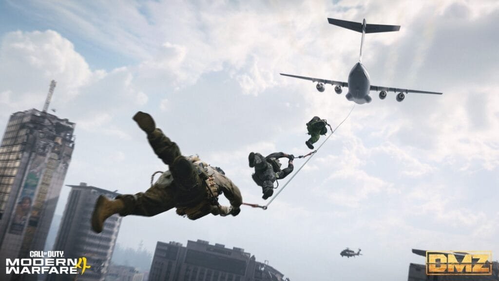 ¿Qué es DMZ en Modern Warfare 4? Así funciona el modo de extracción de Hajin y en qué cambia frente al DMZ de 2022 2 Mapa de Hajin en DMZ: operadores se lanzan desde un avión sobre la ciudad en Modern Warfare 4