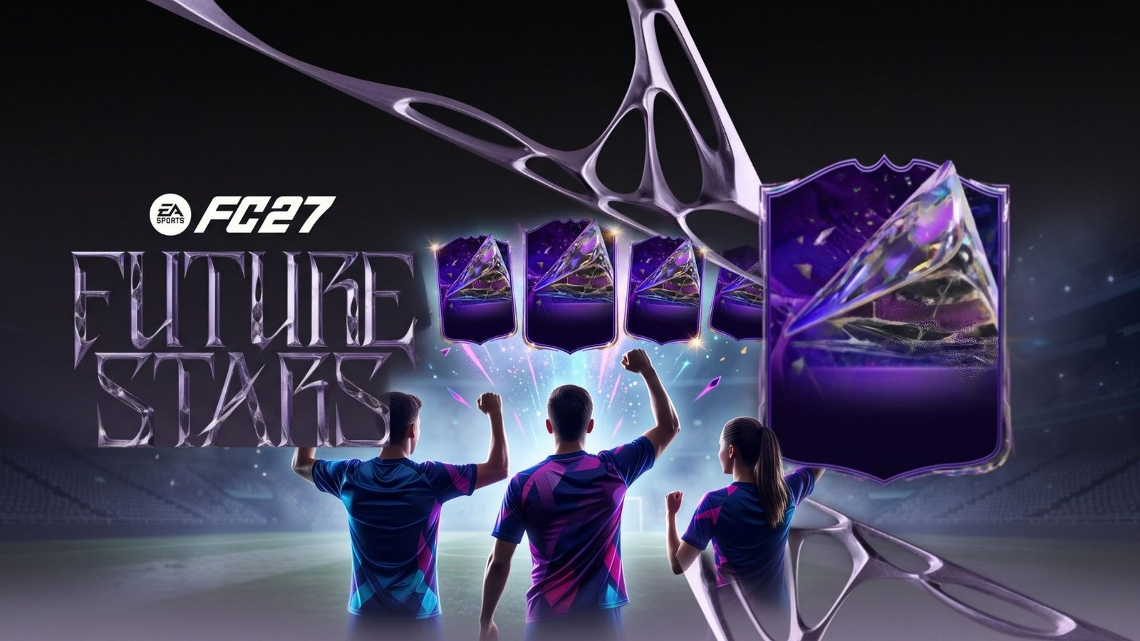 Cartas especiales del Equipo 2 de Futuras Estrellas de FC 27 sobre un estadio, disponibles en Ultimate Team