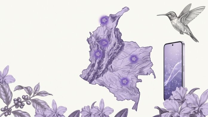 Mapa de Colombia con casos de inteligencia artificial por región, con smartphone y flores de café