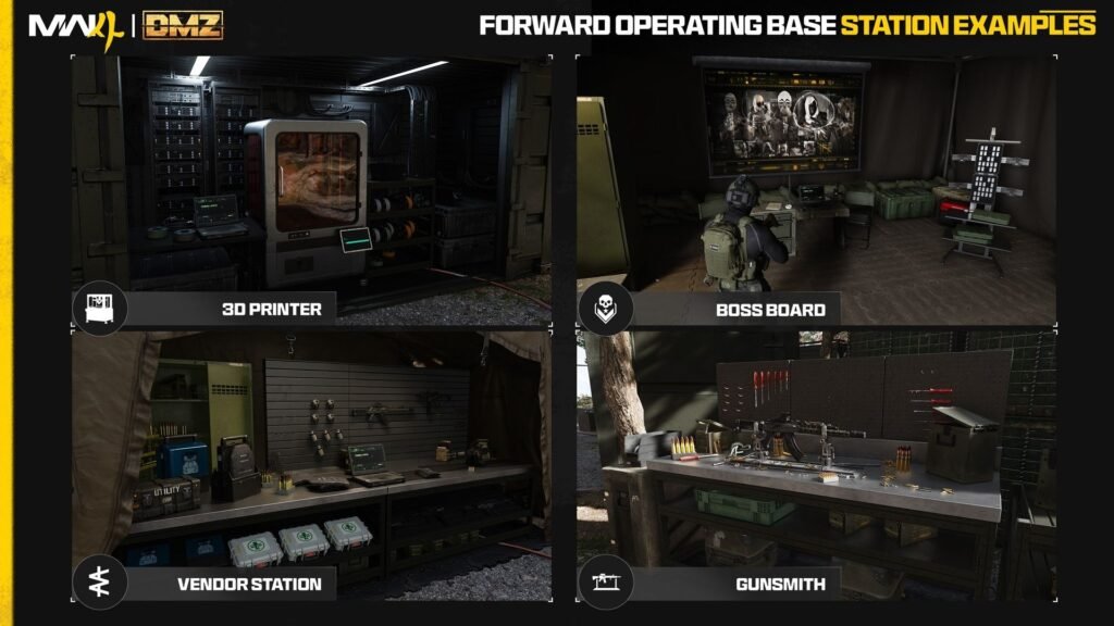 Impresora 3D, Tablero de jefes, Vendedor y Armería de la FOB en DMZ de Modern Warfare 4