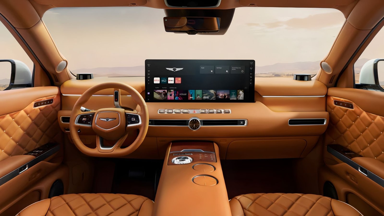 Pantalla LG del Genesis GV90 en el tablero con apps de streaming como Netflix y YouTube