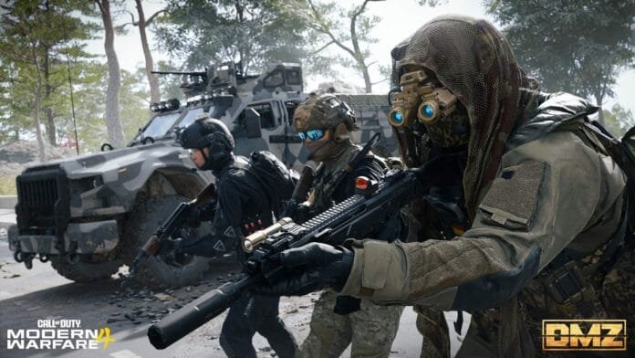 que-es-dmz-modern-warfare-4 DMZ en Modern Warfare 4: escuadrón desplegado en Hajin junto a un vehículo blindado