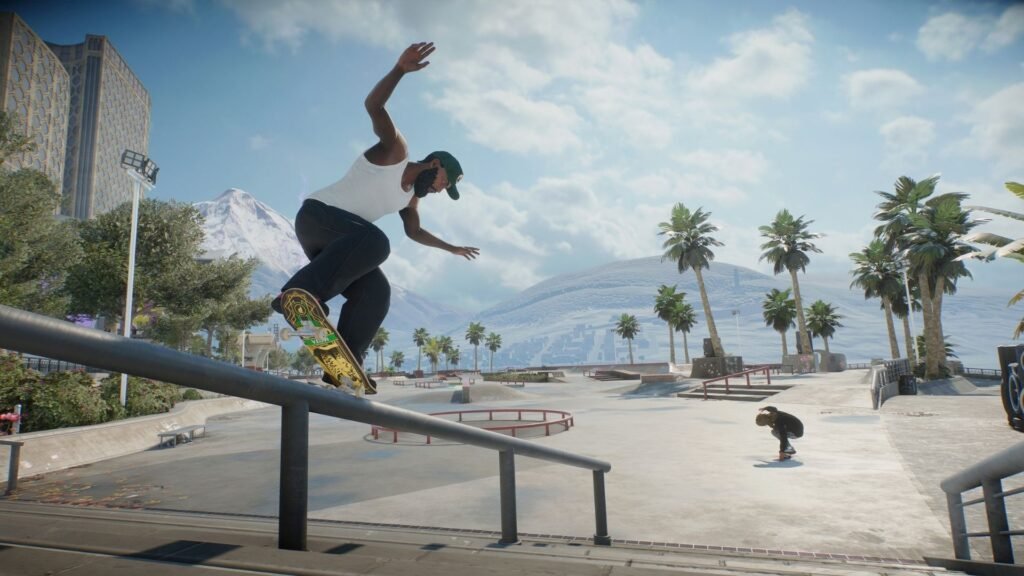 Accesos de skate. sin Premium Pass: S.U.M.R. Camp, The Stadium e Isle of Grom, fechas y Rip Chips 1 Jugador haciendo un grind en un riel del parque Parry Point en skate