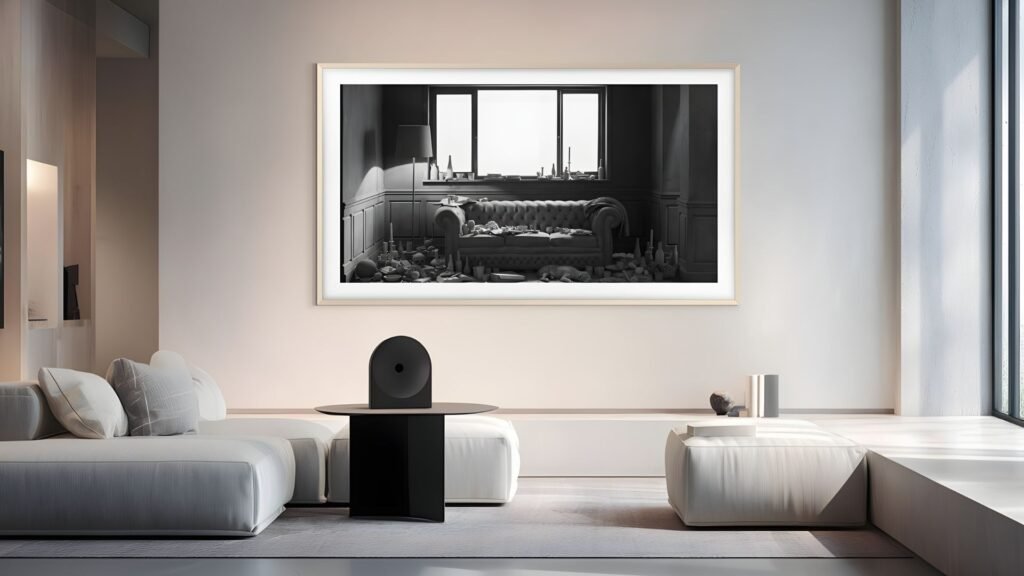 Samsung Art Store suma 19 obras de Art Basel París 2026 para ver en The Frame y otros Art TV 1 The Lounge (black and white) de Hans Op de Beeck en Samsung The Frame Pro, obra de Art Basel París 2026