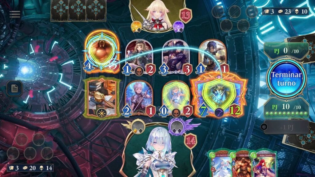 Cómo se juega Shadowverse: Worlds Beyond en español: tablero de partida con cartas y botón Terminar turno