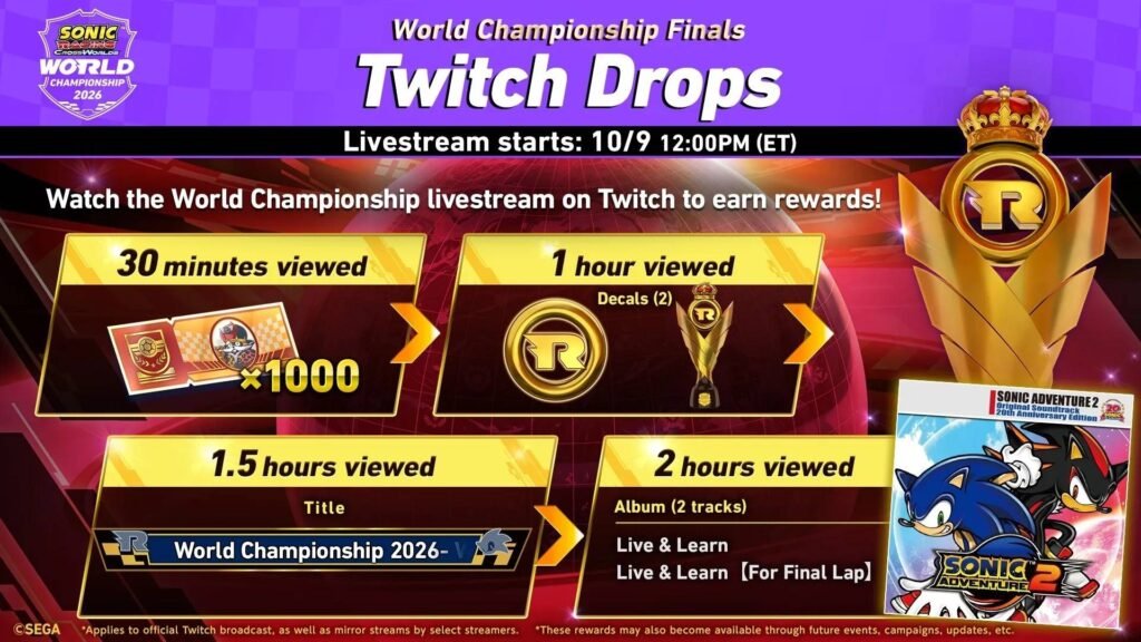 Twitch Drops del Mundial de Sonic Racing: CrossWorlds 2026, recompensas por tiempo de visualización